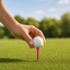 Hand placing a golf ball on a pink tee with a blurred green field and blue sky in the background