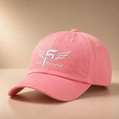 Pink cap with a logo on a beige background