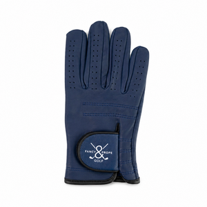 Navy blue golf glove with a brand logo on a white background