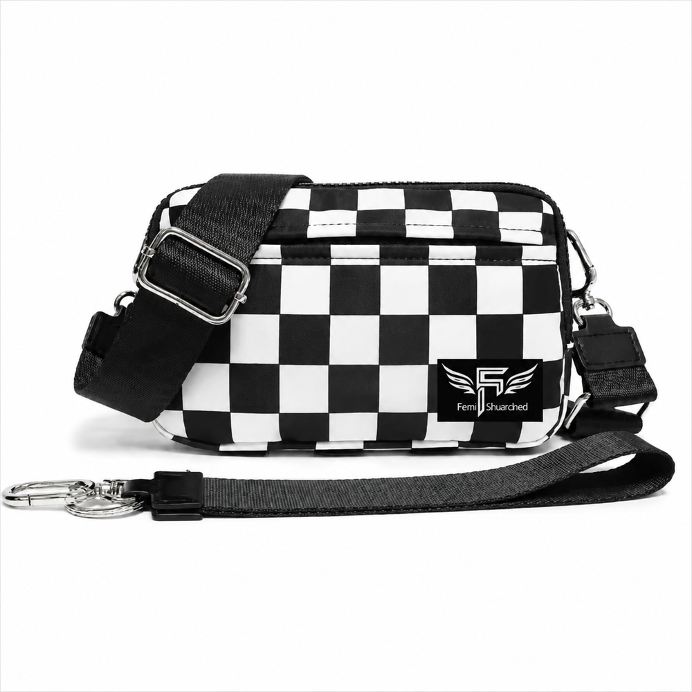 Black and white checkered bag with a visible brand logo on a white background