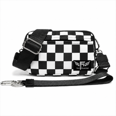 Black and white checkered bag with a visible brand logo on a white background