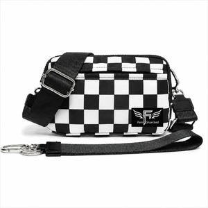 Black and white checkered bag with a visible brand logo on a white background