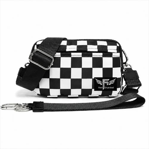 Black and white checkered bag with a visible brand logo on a white background