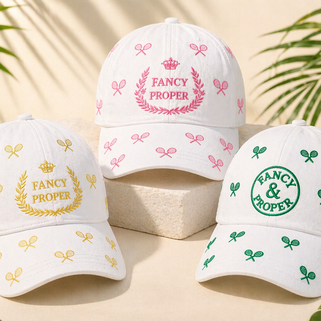 Three white baseball caps with embroidered designs on a beige surface with green leaves in the background.