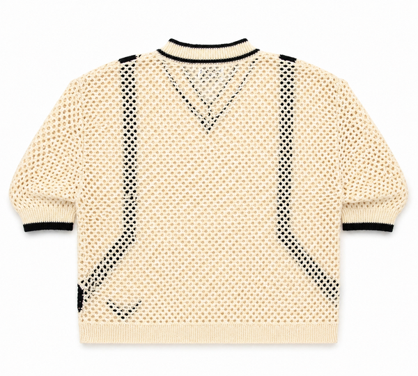 Beige sweater with black mesh panels on a white background