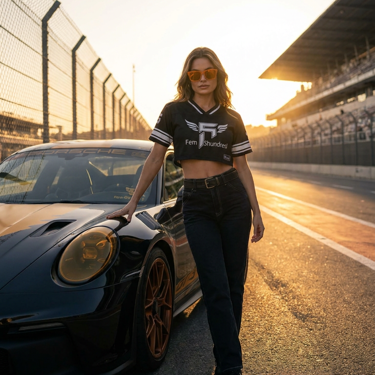 Woman standing next to a sports car on a racetrack at sunset