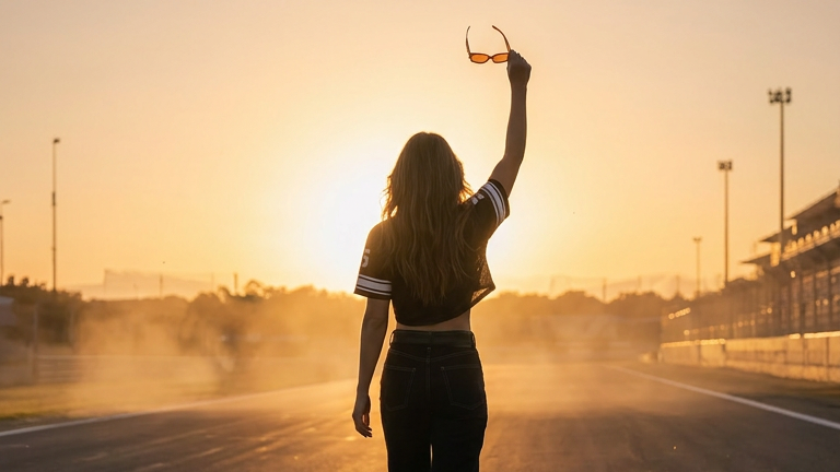 Person standing on a race track at sunset, holding up an object.