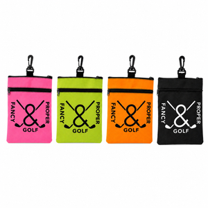 Four colorful pouches with 'Fancy & Proper Golf' branding on a white background