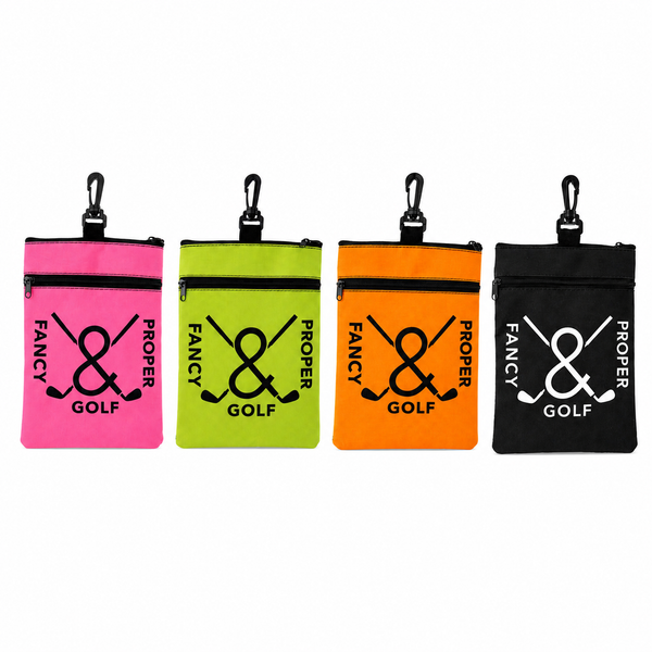 Four colorful pouches with 'Fancy & Proper Golf' branding on a white background