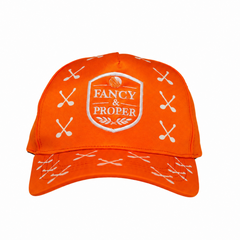 Orange cap with 'Fancy & Proper' logo on a white background