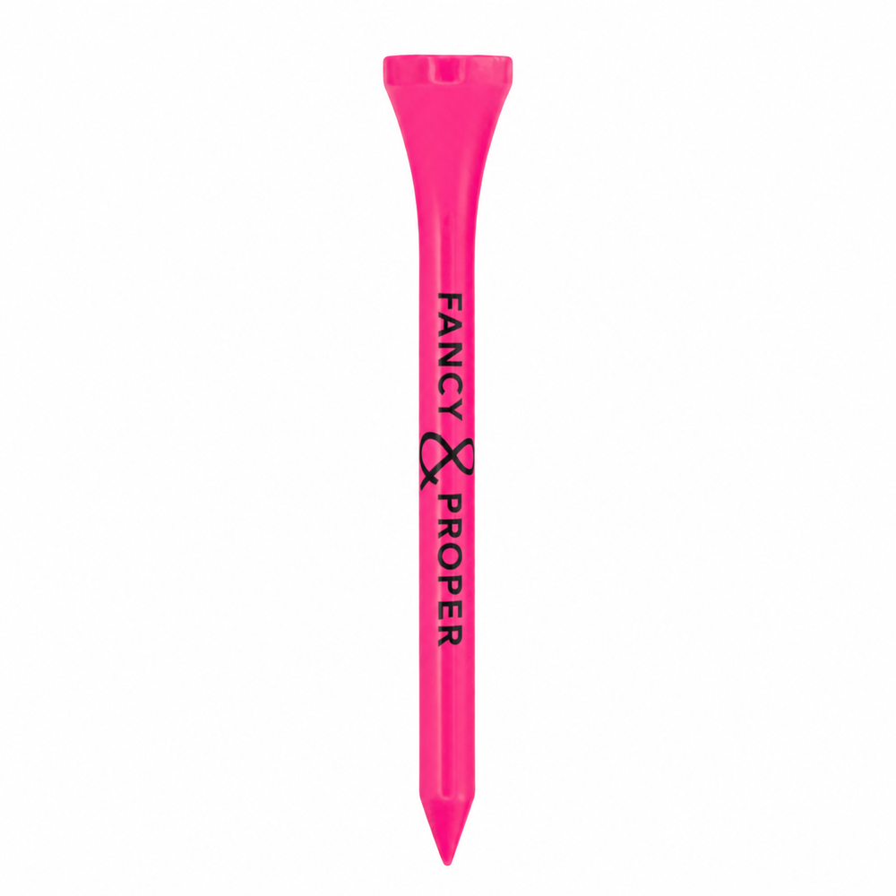 Pink golf tee with 'Fancy Proper' branding on a white background