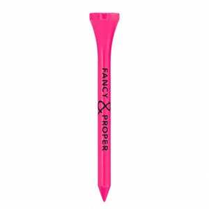 Pink golf tee with 'Fancy Proper' branding on a white background