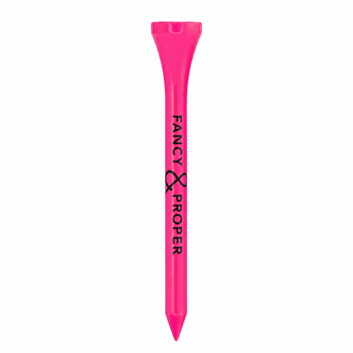 Pink golf tee with 'Fancy Proper' branding on a white background