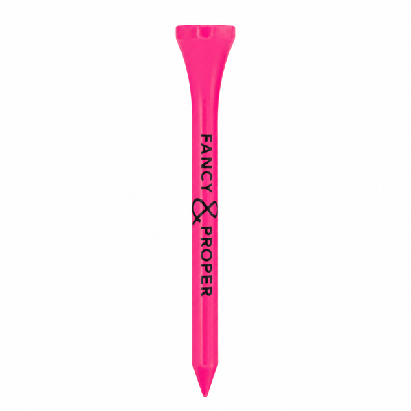 Pink golf tee with 'Fancy Proper' branding on a white background
