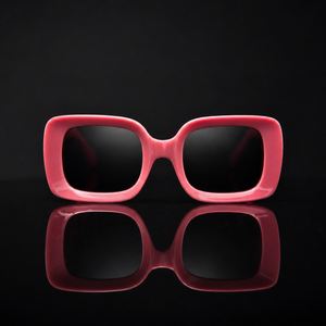 Pink sunglasses with a reflective surface on a black background