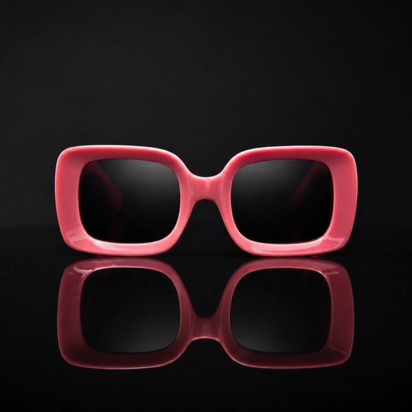 Pink sunglasses with a reflective surface on a black background