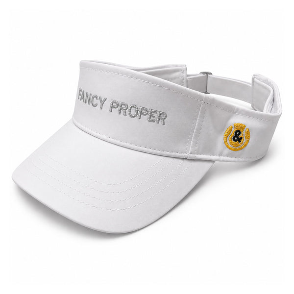 Angled view of the white Proper Court Visor with yellow side crest and adjustable strap