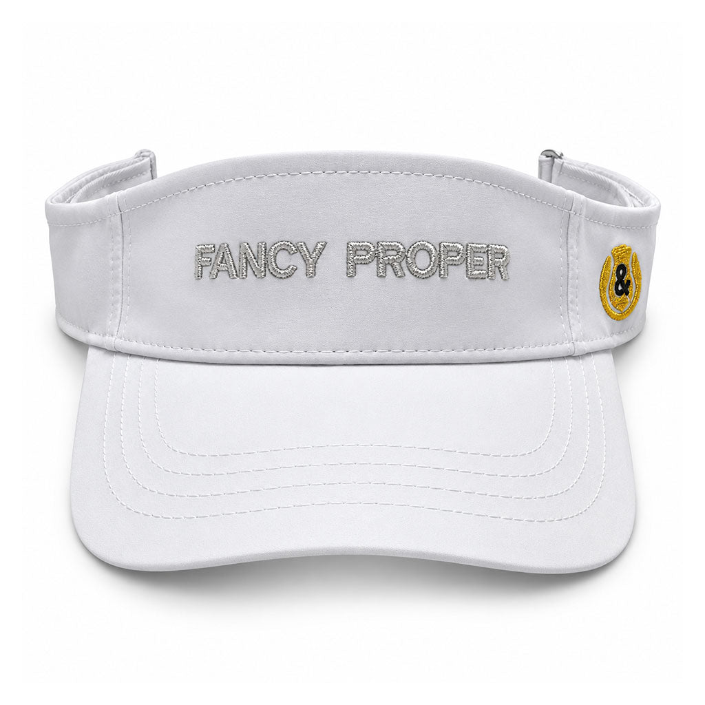 Front view of the white Proper Court Visor with silver Fancy Proper embroidery and a yellow side crest