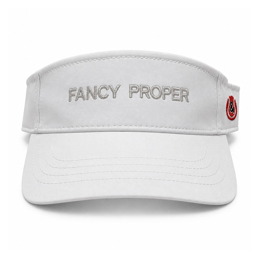 Front view of the white Proper Court Visor with silver Fancy Proper embroidery and a red side crest