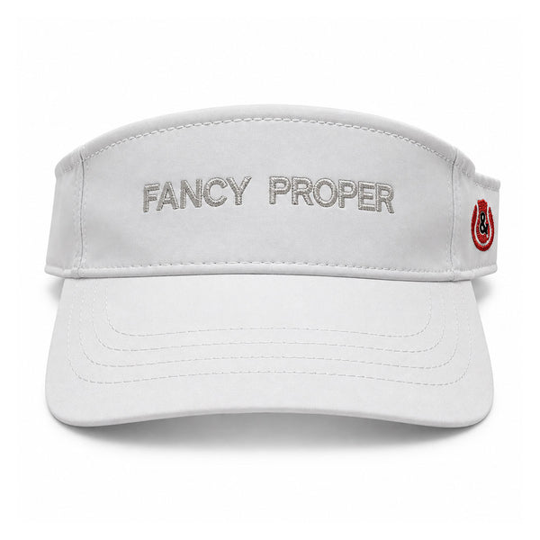 Front view of the white Proper Court Visor with silver Fancy Proper embroidery and a red side crest