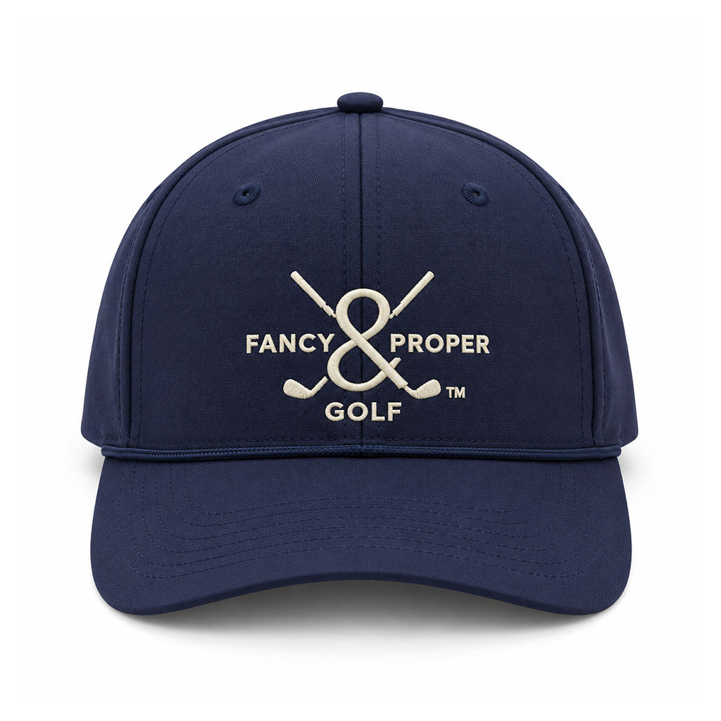 Front view of the Proper Standard men's navy rope golf hat with cream embroidery Main image
