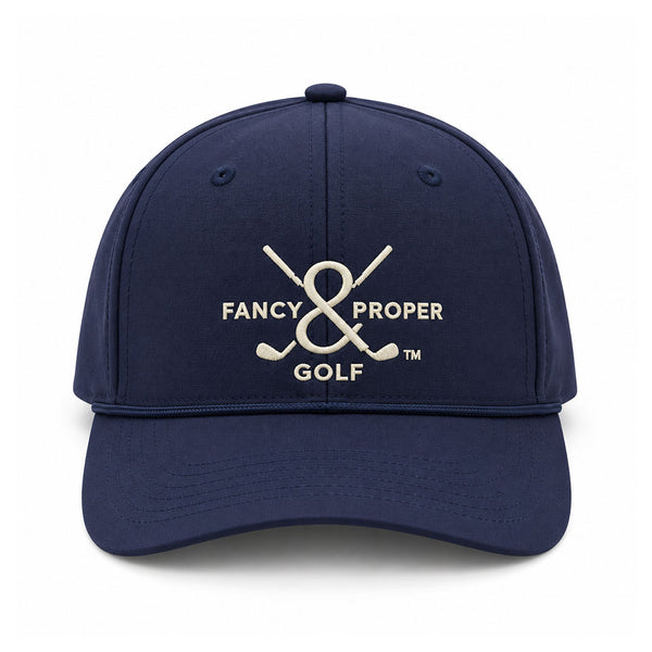 Front view of the Proper Standard men's navy rope golf hat with cream embroidery
