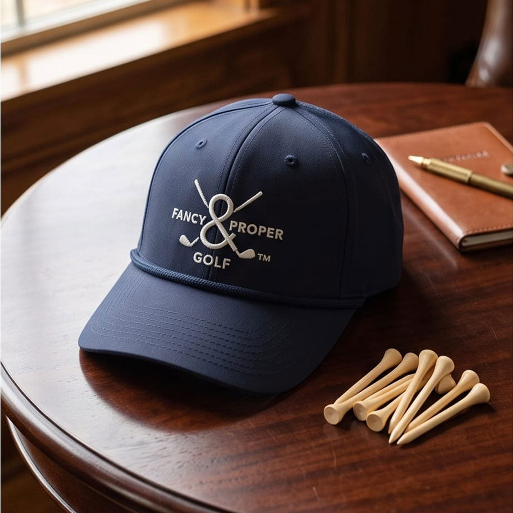 Proper Standard men's navy rope golf hat styled with golf tees