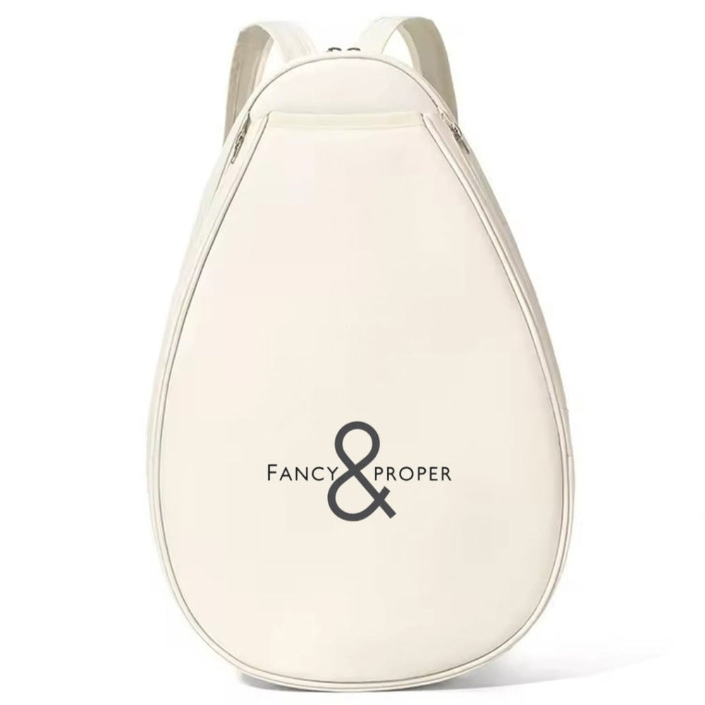White backpack with 'Fancy & Proper' logo on a white background