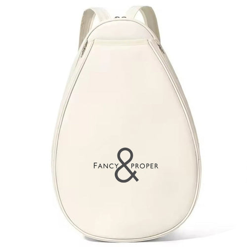 White backpack with 'Fancy & Proper' logo on a white background