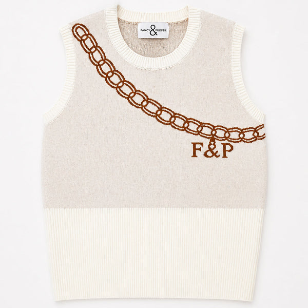 Beige sweater vest with brown chain design and 'F&P' logo on a white background