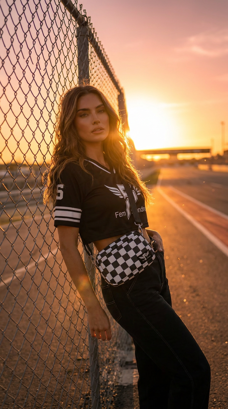 Black and white checkered bag with a visible brand logo on a white background