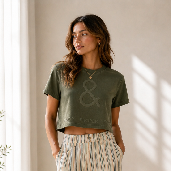 Woman wearing a green t-shirt with an ampersand symbol and striped pants standing in a sunlit room.