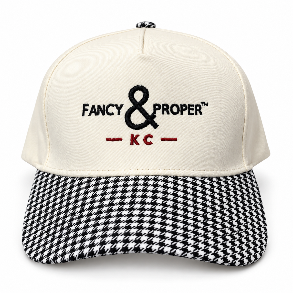 Fancy&Proper KC off-white cap with black and white houndstooth brim and red KC detail Main image