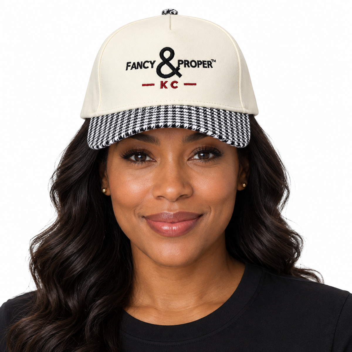 KC Houndstooth Brim Cap worn by a woman, front view