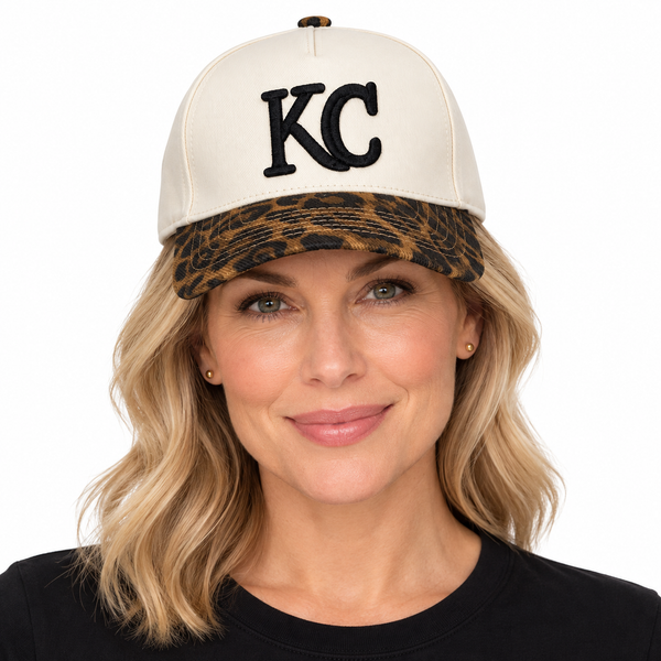 KC Leopard Brim Cap worn by a woman, front view