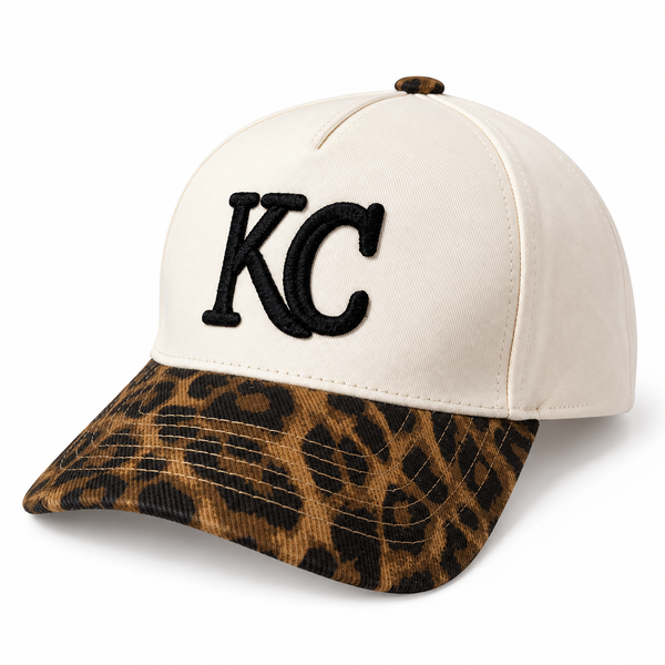 KC Leopard Brim Cap, side-angle view on white