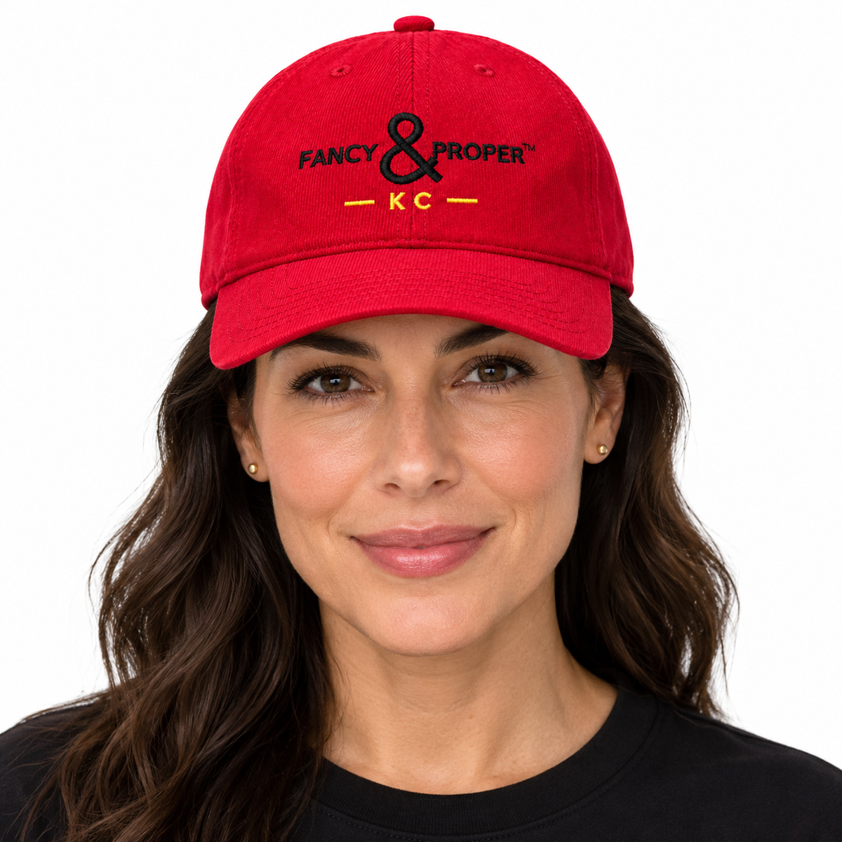 KC Signature Cap — Red worn by a woman, front view