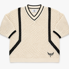Beige sweater with black accents on a white background