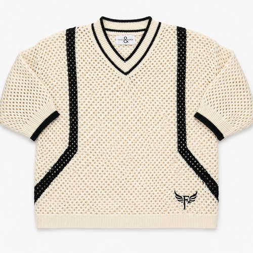 Beige sweater with black accents on a white background