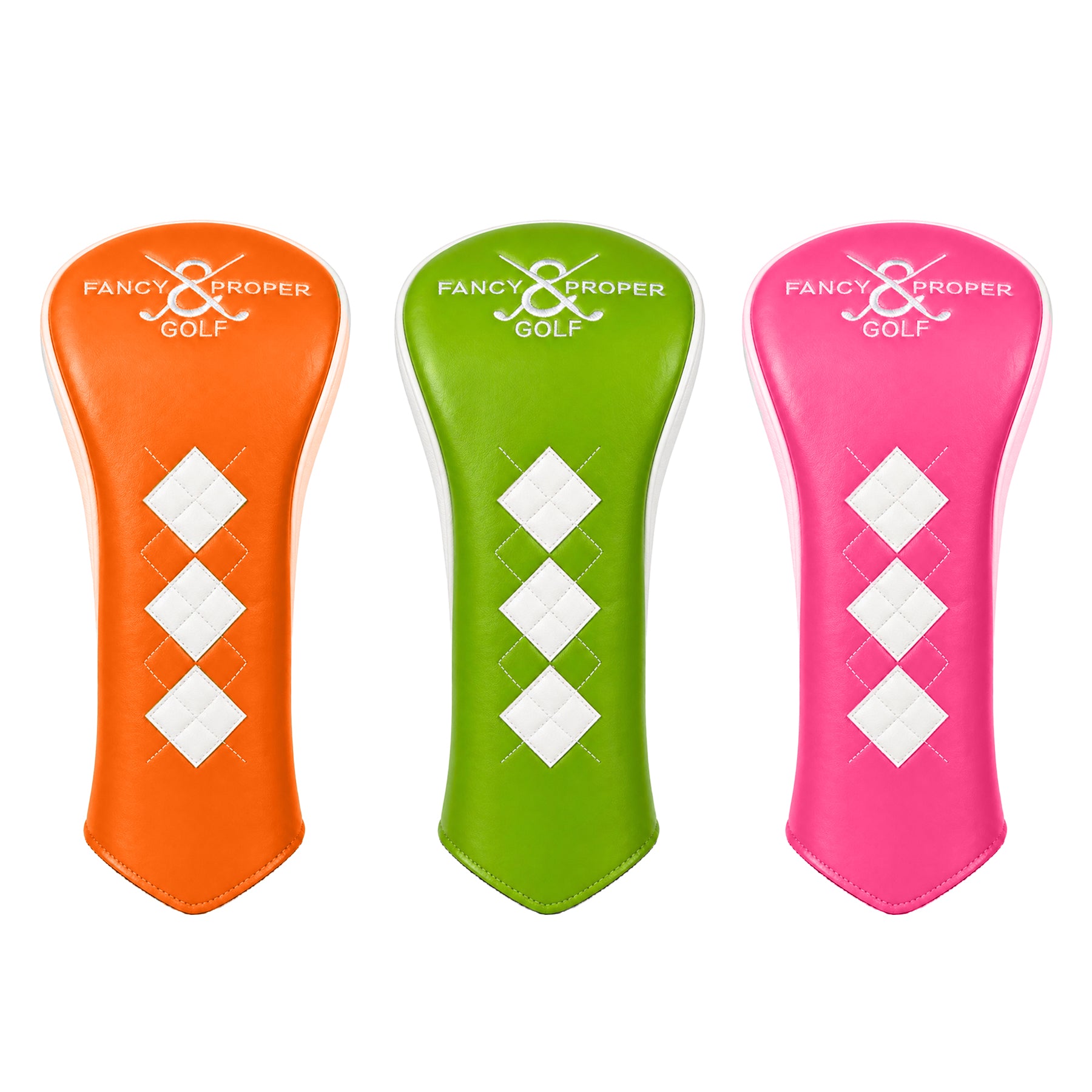 Three golf club head covers in orange, green, and pink with 'Fancy & Proper Golf' branding on a white background. Main image