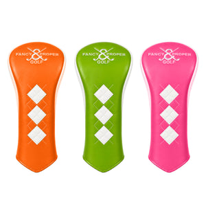 Three golf club head covers in orange, green, and pink with 'Fancy & Proper Golf' branding on a white background.