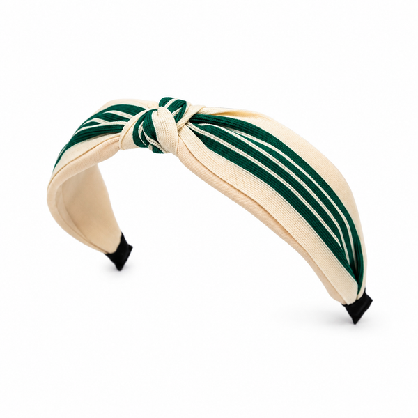 Green and cream striped headband with a knot on a white background