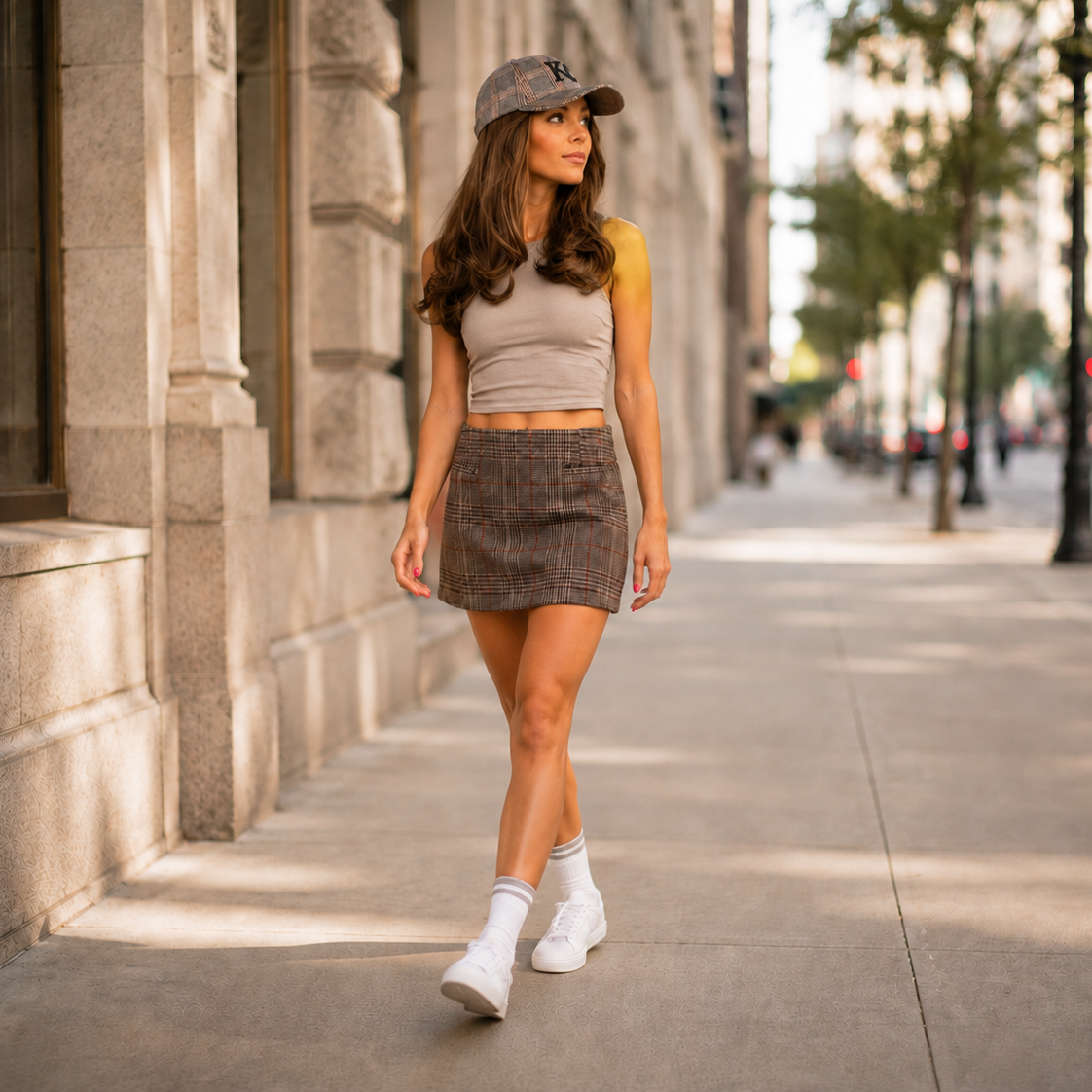 Woman walking on a city street wearing a gray tank top, skirt, and cap.