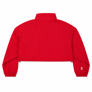 Red jacket with a number 5 on the sleeve against a white background