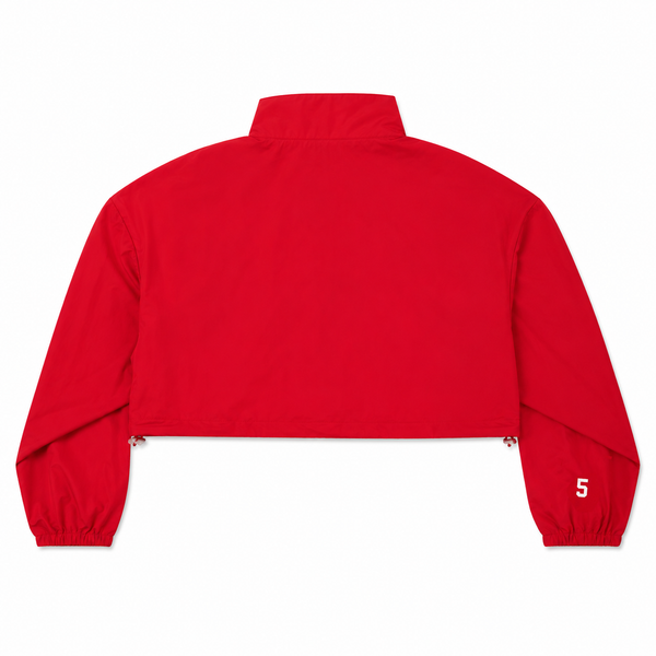 Red jacket with a number 5 on the sleeve against a white background
