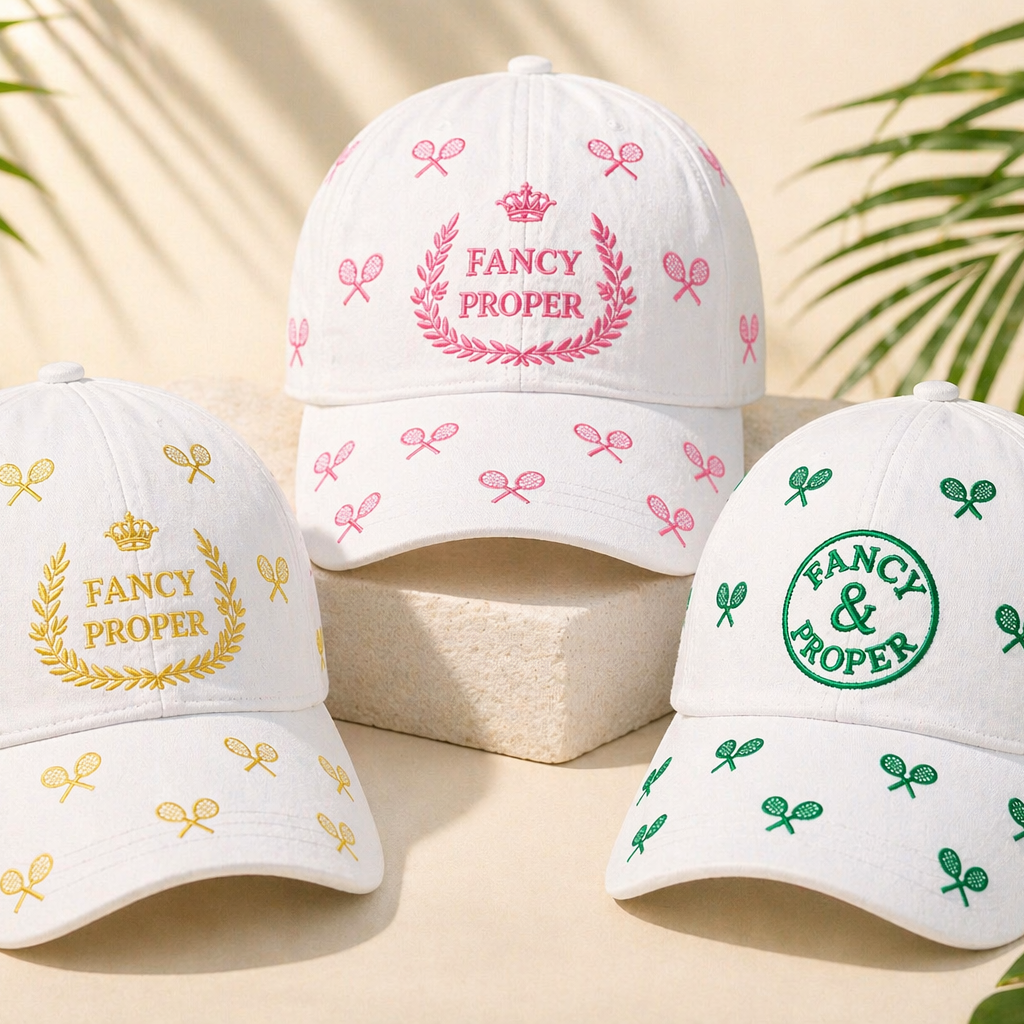 Three tennis caps with embroidered designs and 'Fancy Proper' text on a beige background.